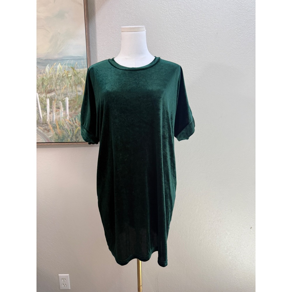 JCL Forest Green Velvet Oversized T-Shirt Dress with Pockets Medium